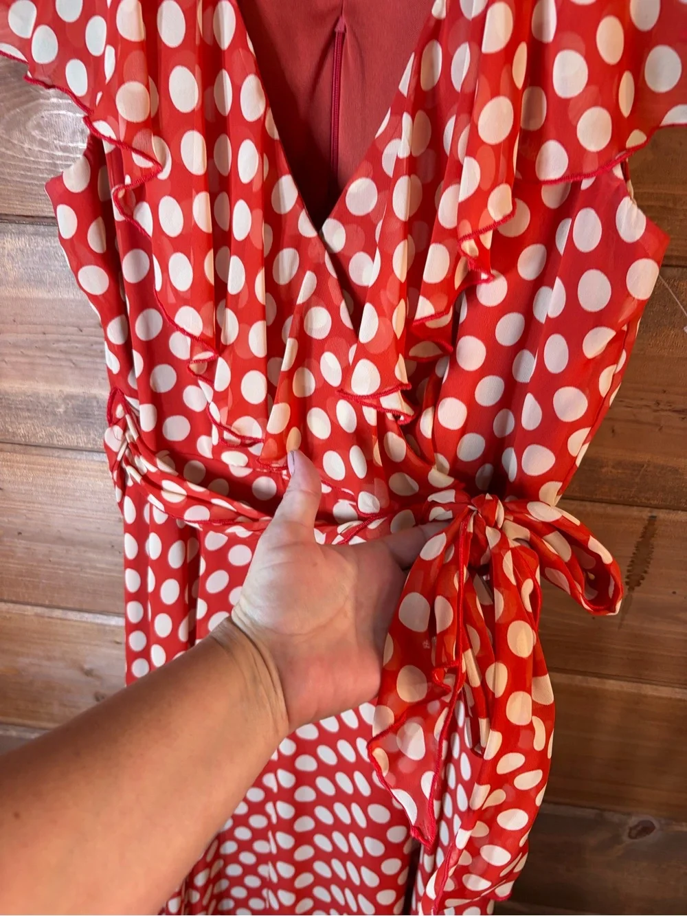 Connected Apparel Rust Orange Polka Dot Faux Wrap Midi Dress Tie Waist Size 8 🧡